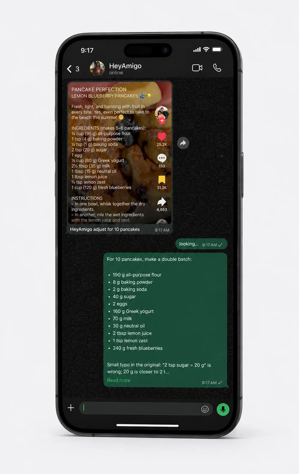HeyAmigo answering a recipe question in WhatsApp, shown inside a black iPhone